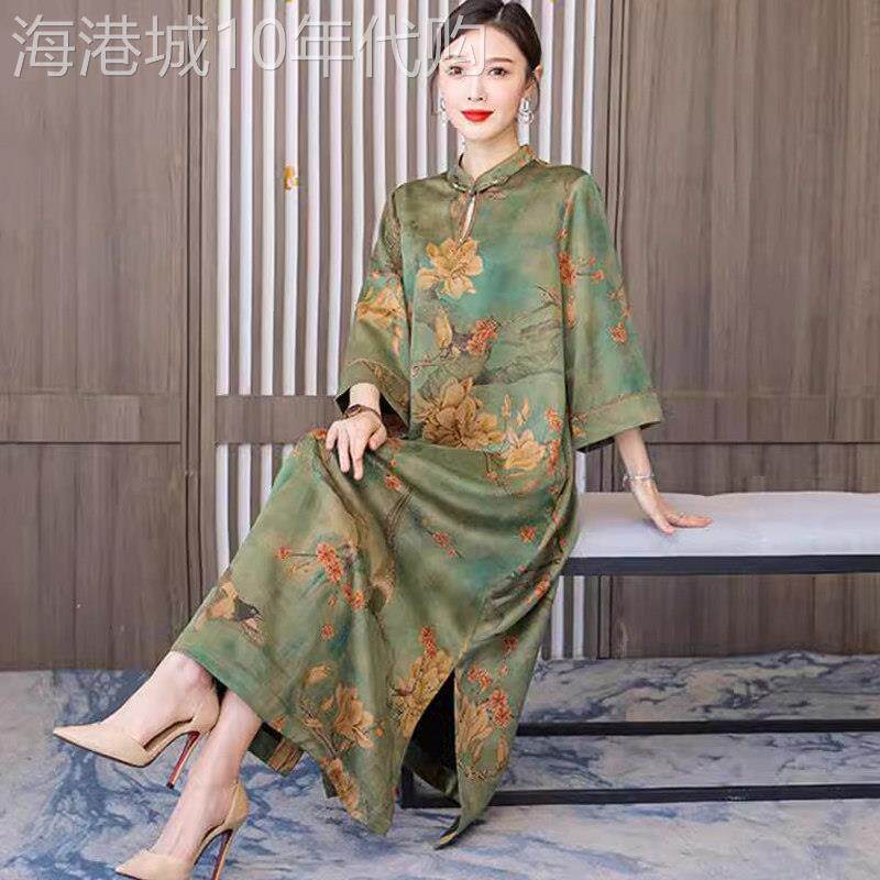 中国风香云纱高贵改良旗袍裙新款覆古立领妈妈洋装女莨绸纱长袍