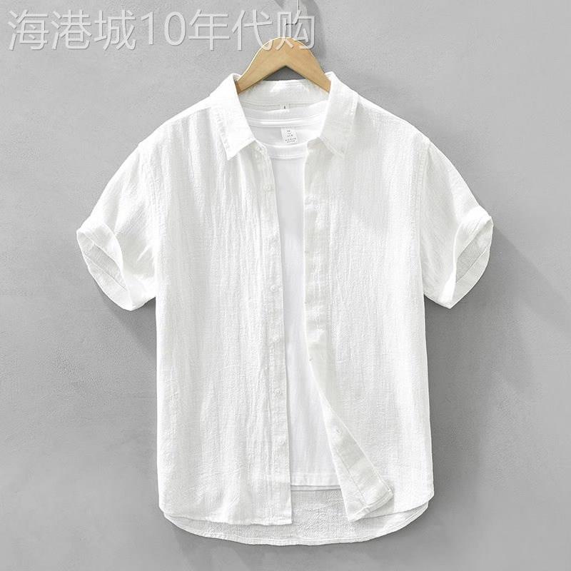 高端白色亚麻衬衫短袖男士2025新款夏季棉麻透气休闲半袖衬衣男款