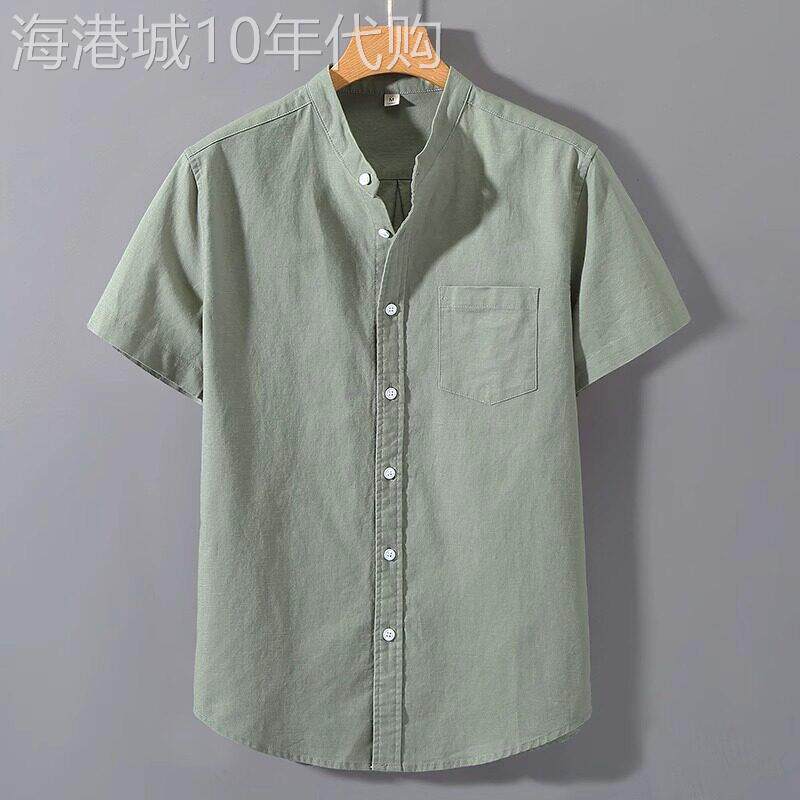 高端纯色短袖衬衫男士夏季2025新款潮流棉麻薄款立领半袖衬衣男款