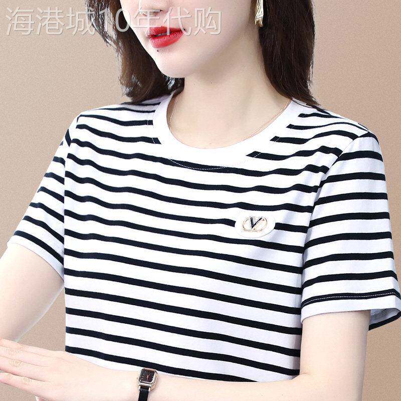 小众黑白条纹短袖t恤女纯棉夏2025新款圆领中年妈妈洋气显瘦上衣