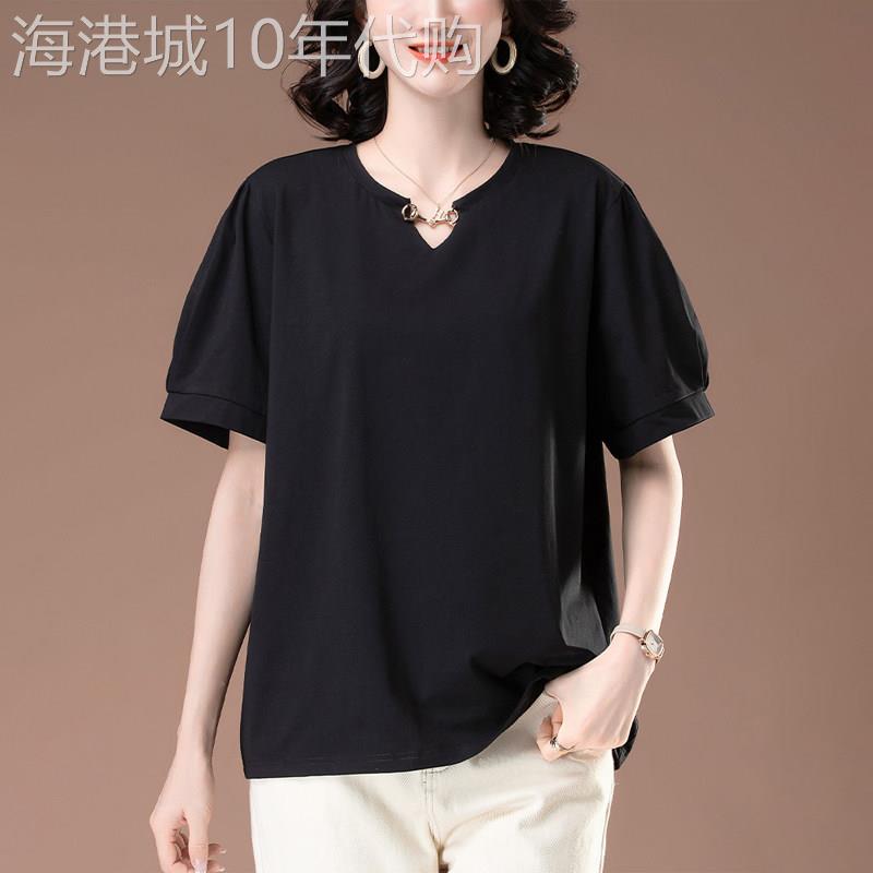 潮牌短袖t恤女夏季新款加大码中年妈妈纯棉宽松遮肚子V领显瘦体恤