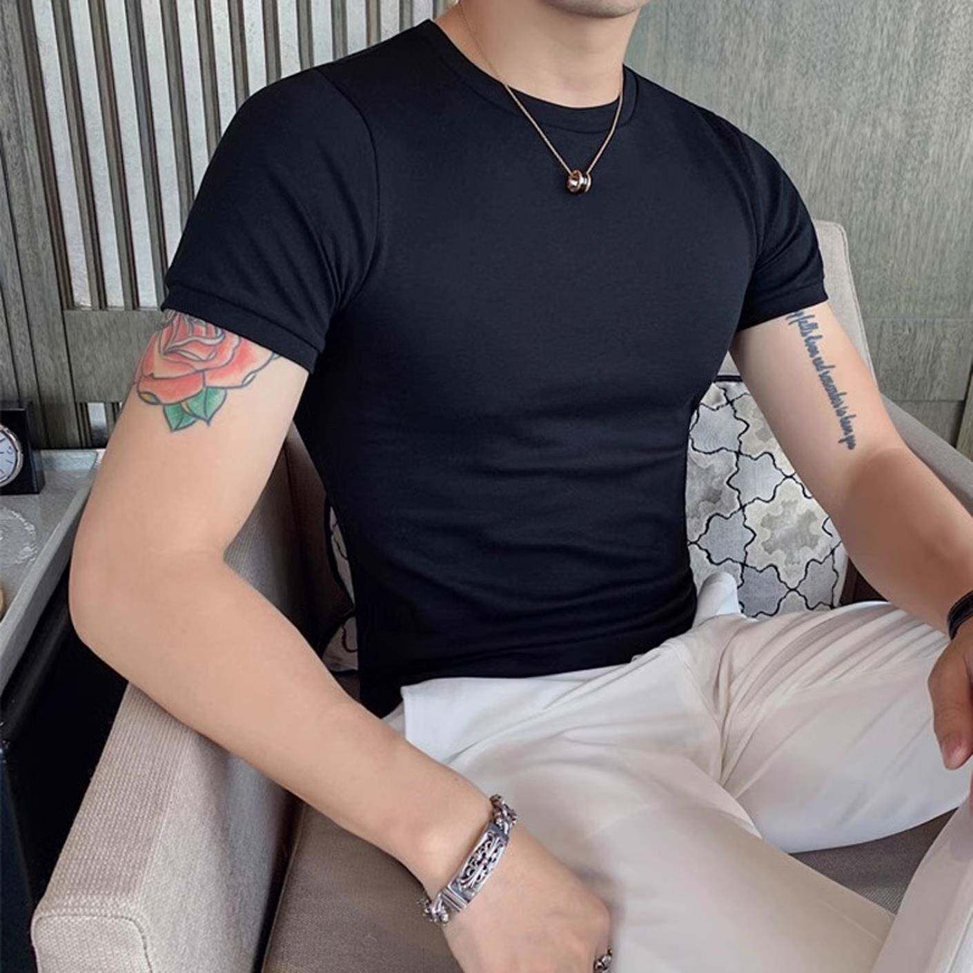 高端纯棉紧身短袖t恤男修身弹力韩版圆领高级感痞帅健身型打底衫