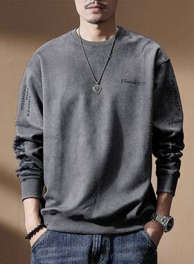 MMW美式软糯舒适麂皮绒卫衣男秋冬新款重磅大码加肥无帽长袖上衣