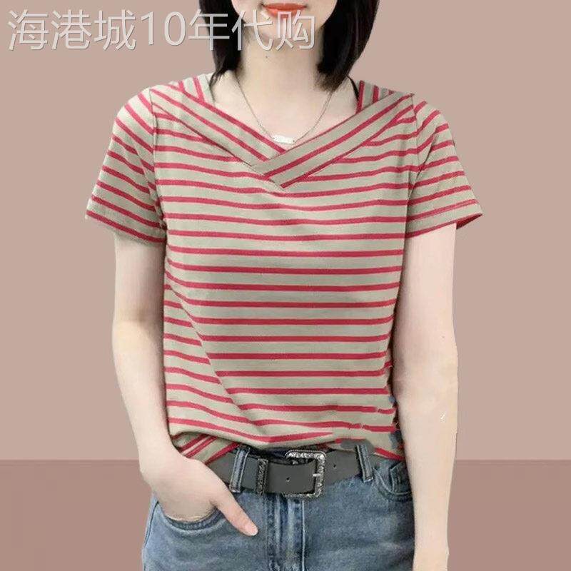 短袖t恤女士夏2026新款休闲条纹V领百搭纯棉显瘦宽松小众短款上衣
