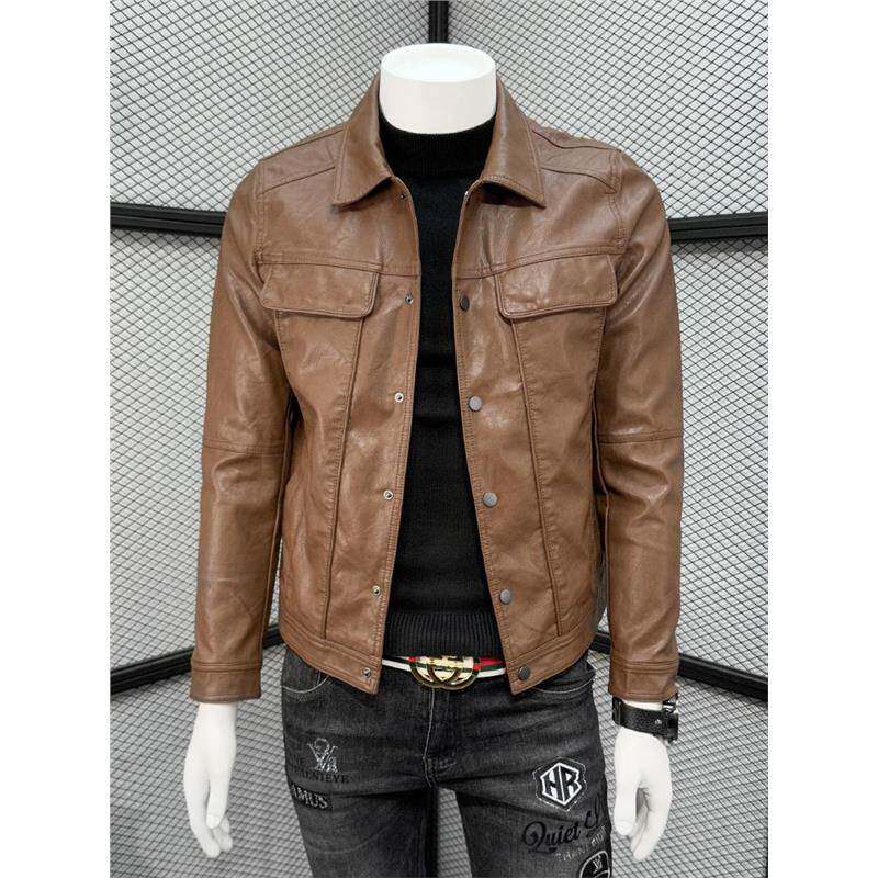 潮牌棕色复古皮衣男春秋韩版潮流百搭翻领青年修身休闲皮夹克外套