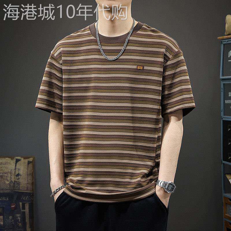 高端条纹落肩短袖T恤男士2026年新款夏季潮牌宽松五分袖上衣男款