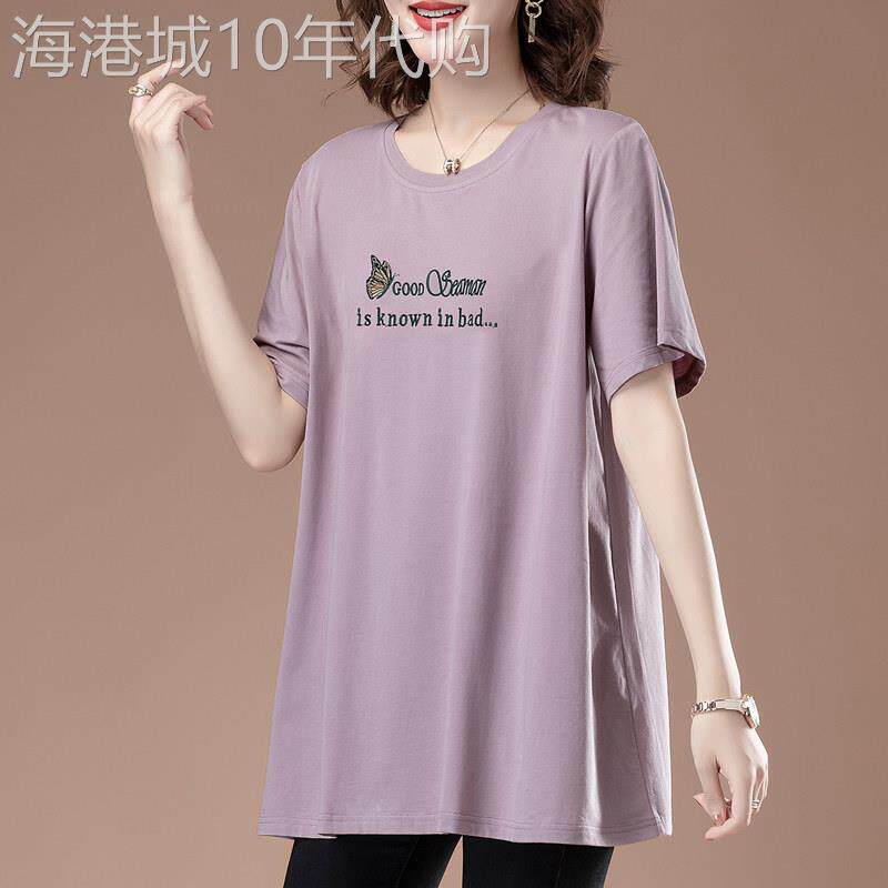 潮牌加肥加大妈妈t恤女夏季中长款时尚短袖上衣中老年宽松高端T恤