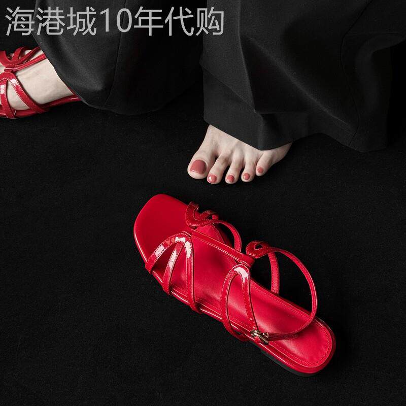 火热热！时尚百搭编织镂空罗马鞋2026夏新款露趾凉鞋女红色平底鞋