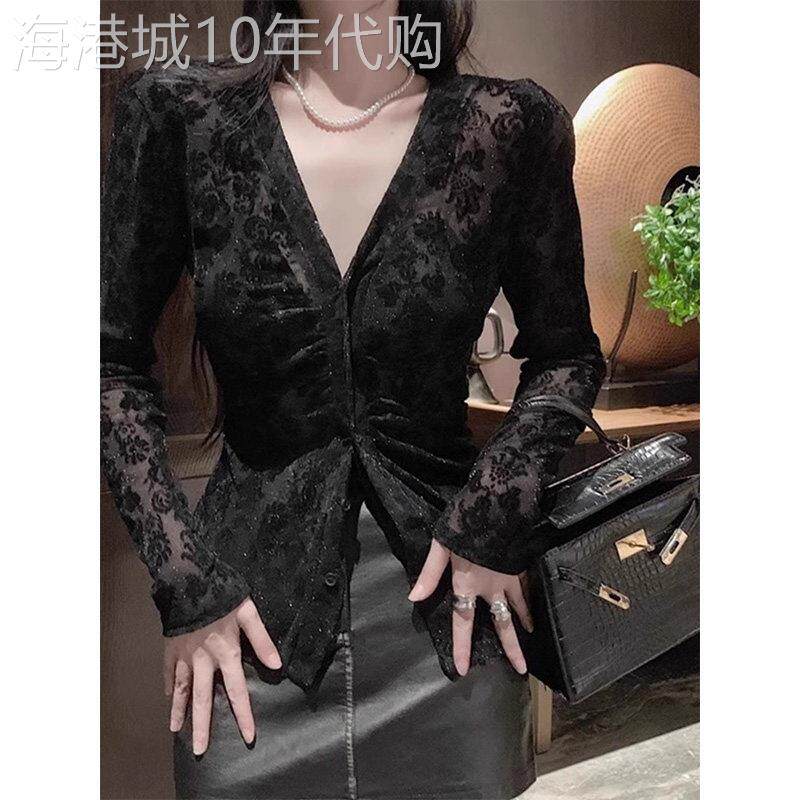高级感黑色植绒蕾丝打底衫女士2025夏季新款网纱V领修身显瘦上衣