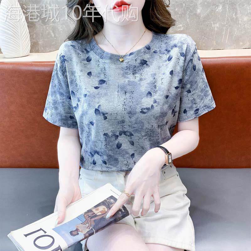 水墨印花恤女士圆领短袖上衣2026欧货款T恤女装夏季中老年妈妈装