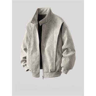 潮牌港风夹克男女款秋冬季美式覆古棒球领外套男休闲宽松水洗皮衣