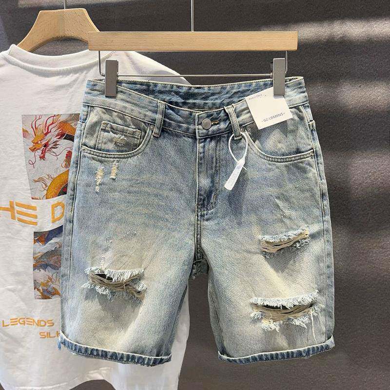 香港潮牌浅色破洞牛仔短裤男夏季宽松直筒痞帅百搭无弹五分沙滩裤