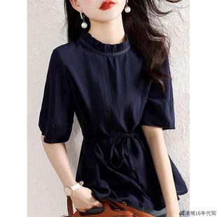 百搭时尚 高档轻奢真丝短袖 新款 衬衫 收腰显瘦系带蚕丝上衣 女士夏季