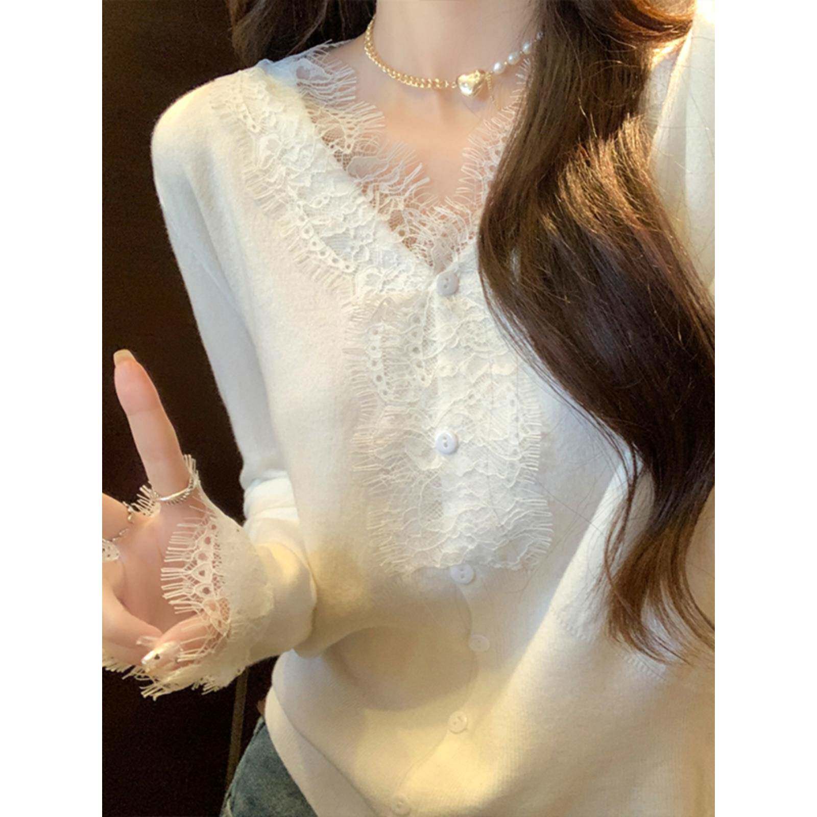 蕾丝v领白色针织打底衫女开衫春季2025新款洋气长袖短款毛衣上衣
