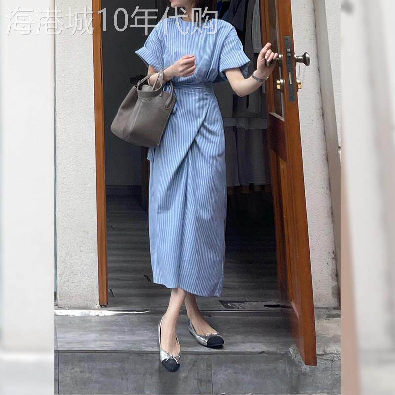 大码韩国chic夏季复古小众圆领收腰设计竖条纹短袖连衣裙女显瘦时