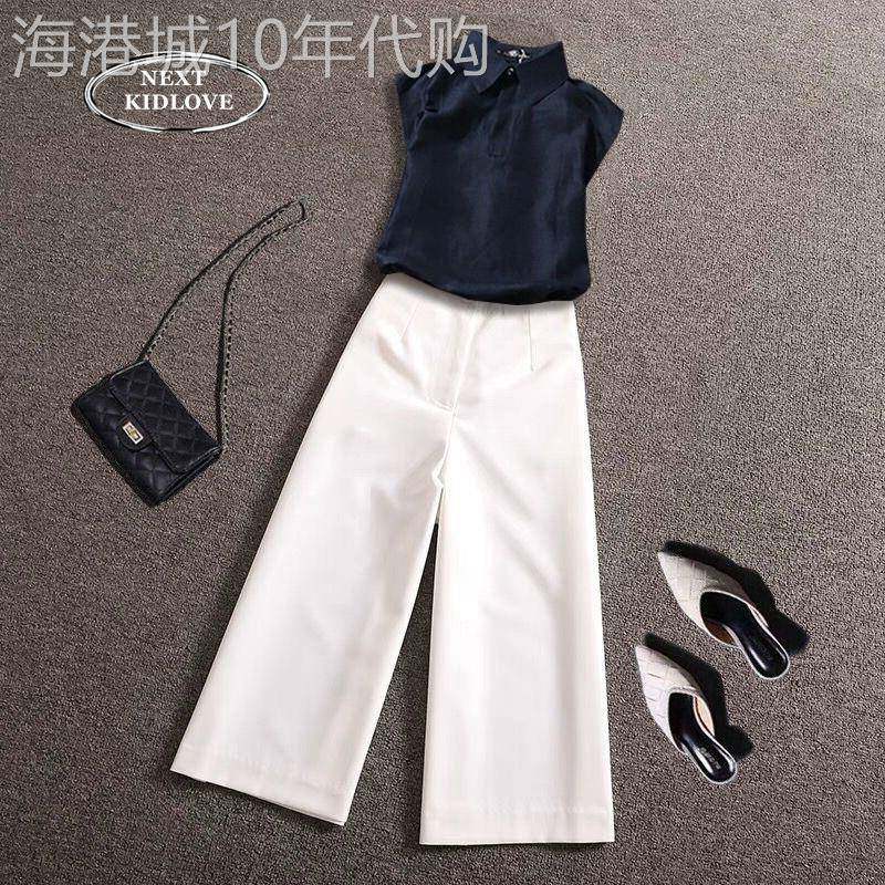 香港轻熟风亚麻衬衫阔腿裤两件套女夏polo领上衣休闲裤套装欧货潮