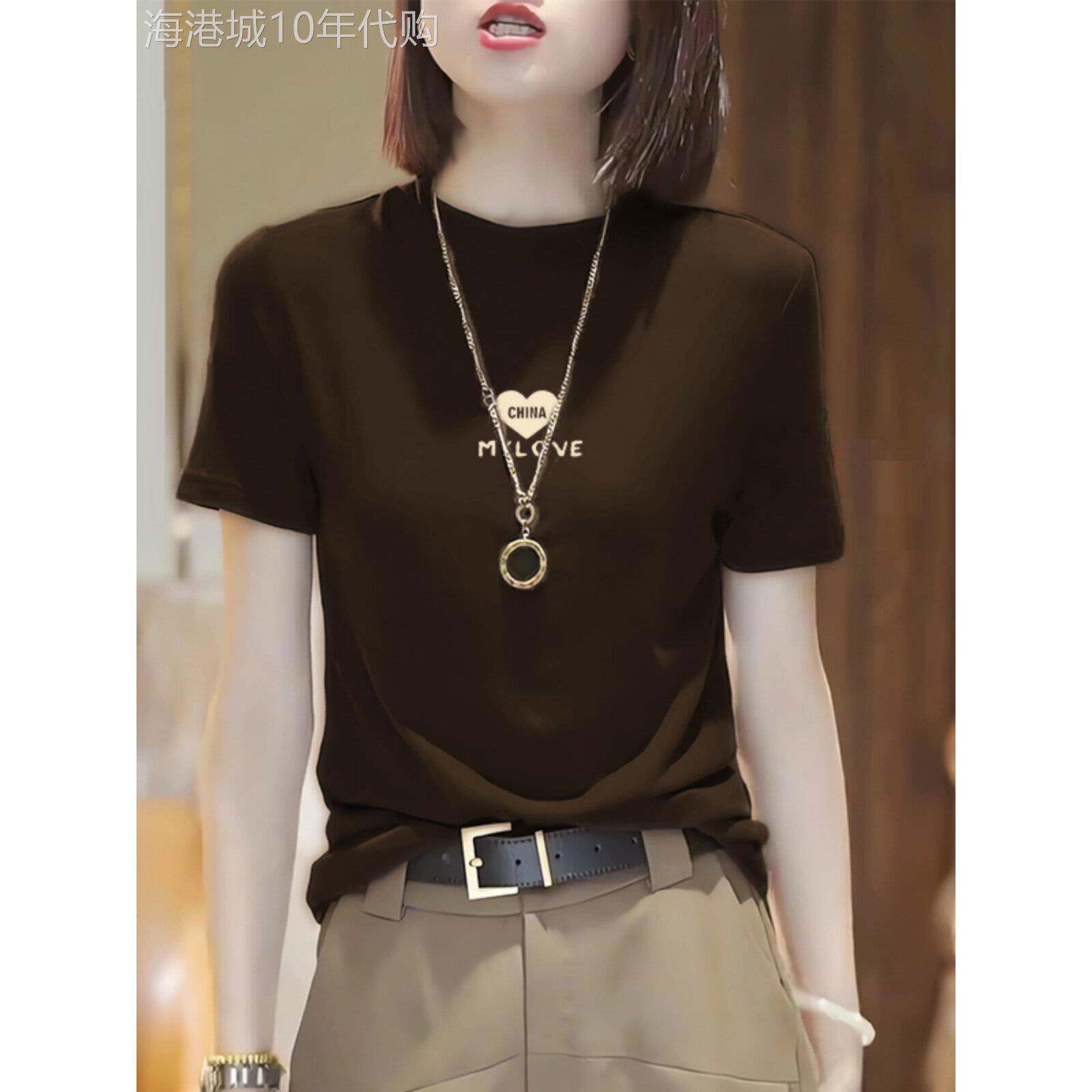 2025夏季薄款纯棉正肩圆领常规短袖T恤女休闲显白上衣体恤咖啡色