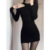 日系针织连衣裙女秋冬修身 露肩纯欲风性感紧身打底毛衣包臀连衣裙