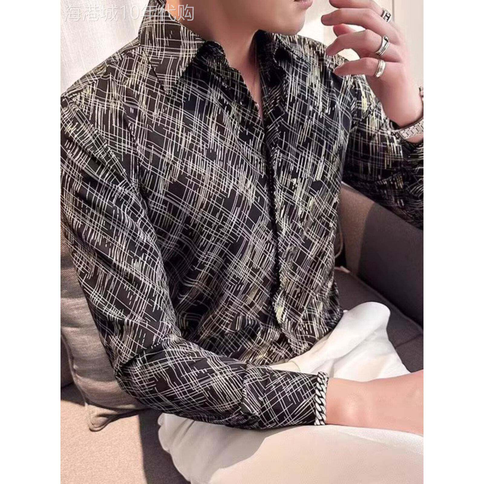 LL男装衬衫男长袖高级感痞帅修身春秋高级感金纹覆古暗门襟花衬衣
