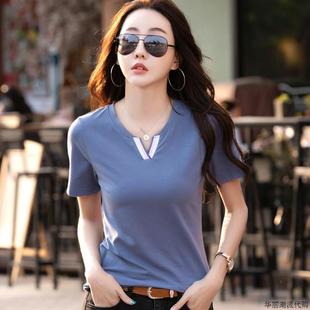 t恤女纯棉百搭体恤女 香港2024夏季 新款 衣服女纯色v领宽松时尚 短袖