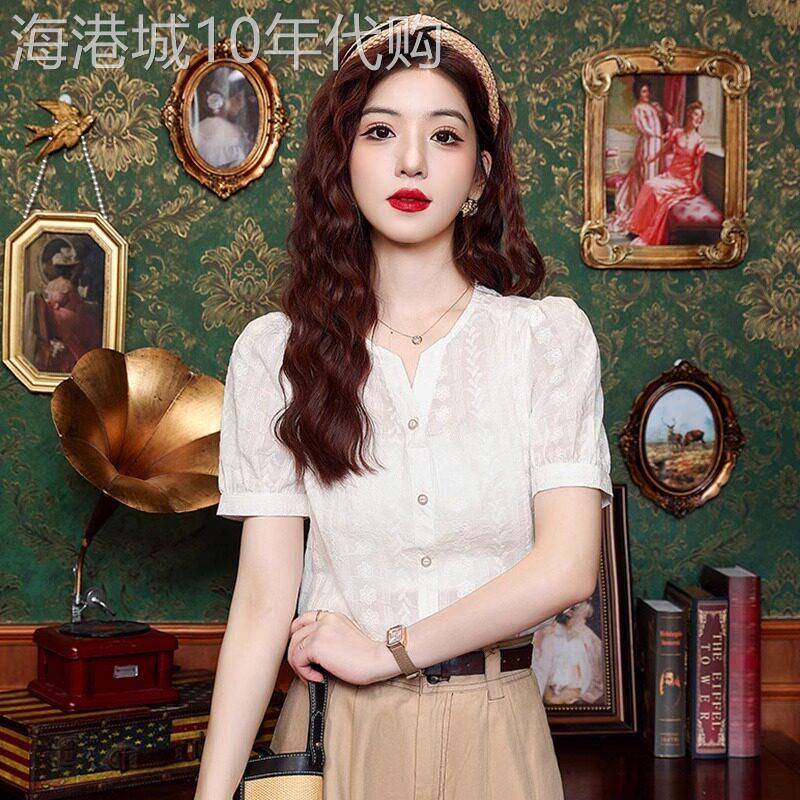 短袖衬衫女2026新款夏季v领高级感轻奢减龄洋气泡泡袖纯棉上衣女