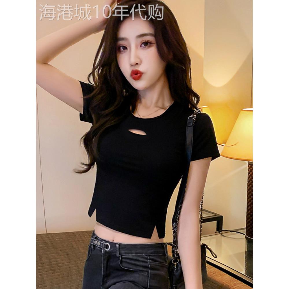 纯色风格性感短袖露脐女t恤2025夏季欧洲剪裁设计利基高腰短上衣