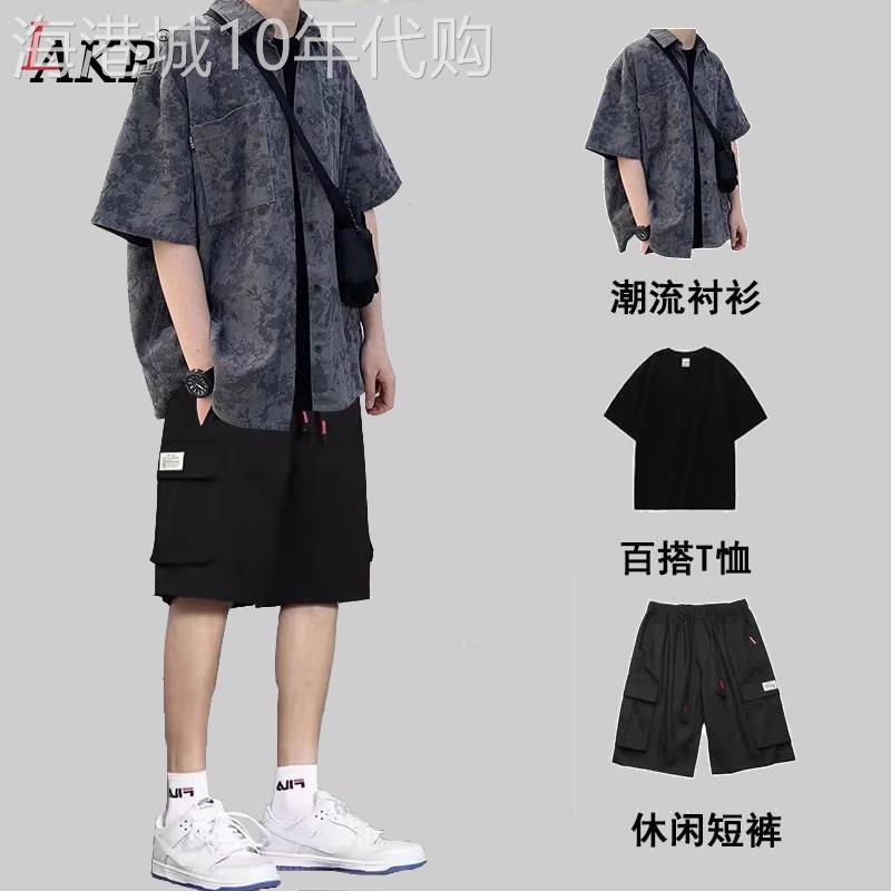 高端休闲套装男士短袖衬衫短裤2026新款夏季搭配痞帅气三件套男款