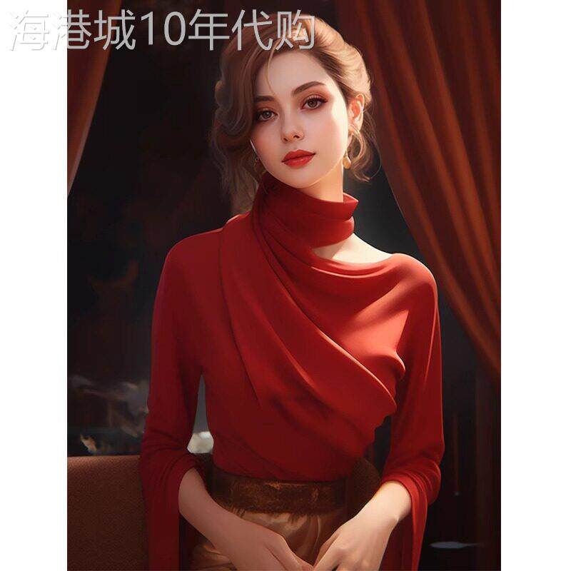 新年红色露肩衬衫女春秋2025新款设计感时尚气质减龄高领长袖上衣