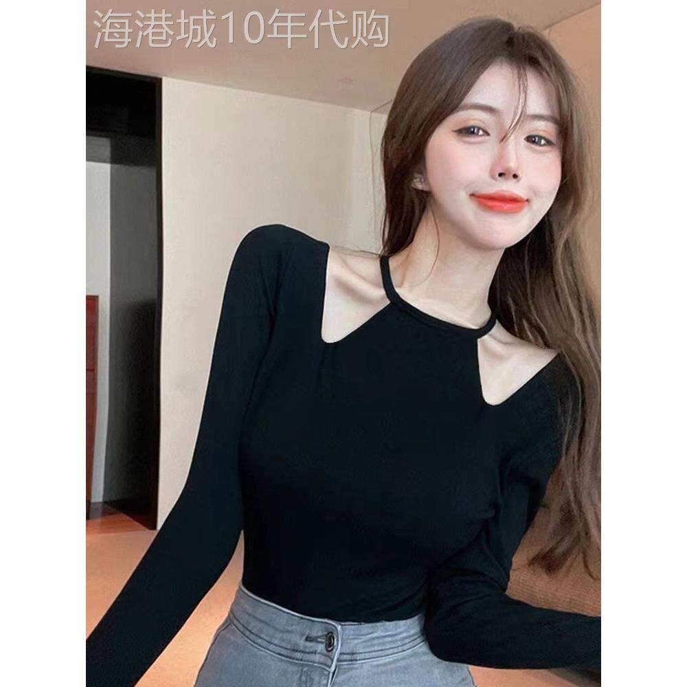 加绒黑色锁骨上衣镂空春秋季女设计感小众修身性感内搭大码打底衫