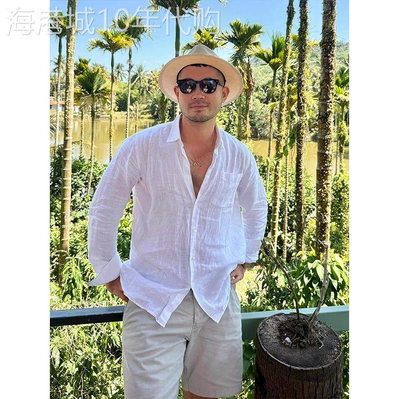 高端白色薄款亚麻长袖衬衫男士2025新款秋季宽松棉麻防晒衬衣男款