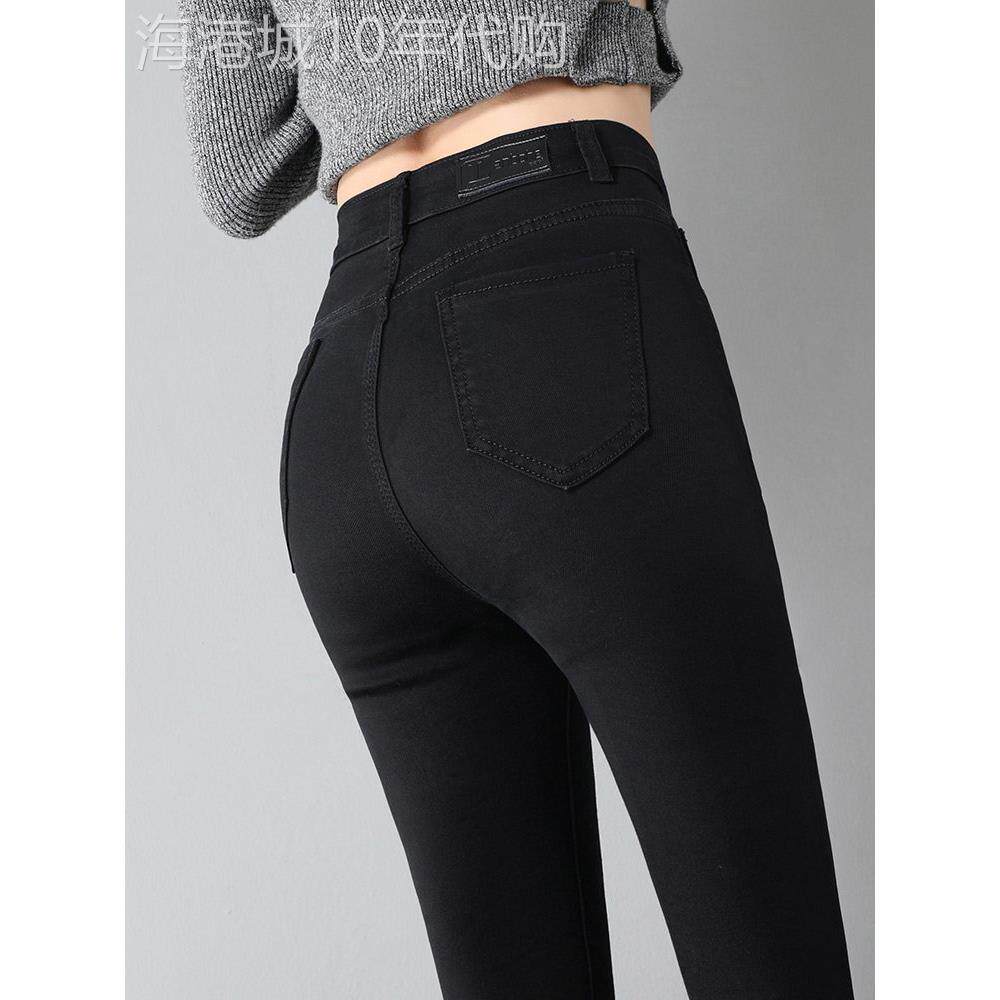 黑色牛仔裤女性高腰修身秋冬Look羊毛衬里2025新韩国风格弹性紧身