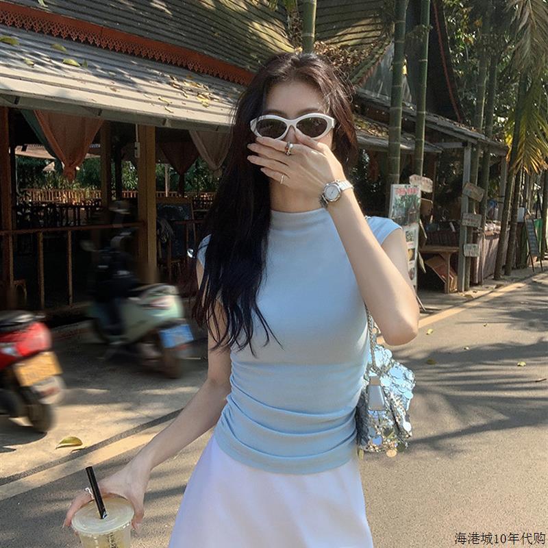 2025夏季新款半高领冰丝针织衫女短袖修身收腰显瘦短款T恤打底衫