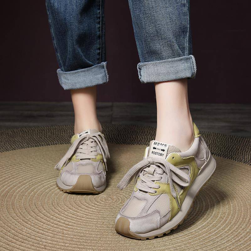 明星定制！真皮拼色阿甘鞋女新款女鞋百搭系带运动厚底休闲鞋