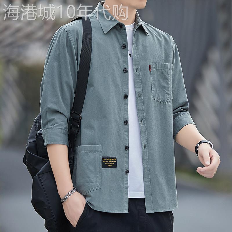 衬衫男士夏季薄款纯棉中袖工装衬衣休闲百搭七分袖短袖五分袖外套