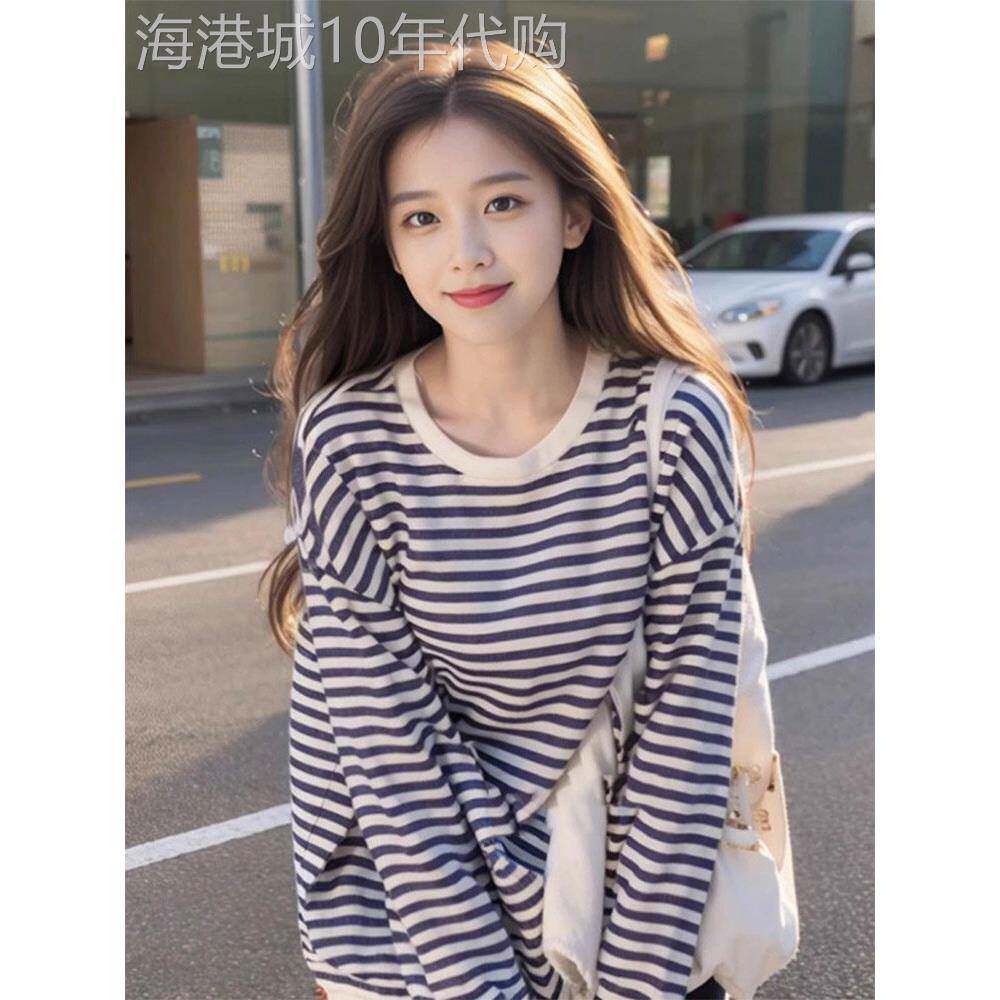 条纹长袖T恤卫衣女夏季新款休闲 减龄小众上衣宽松慵懒风套头上衣