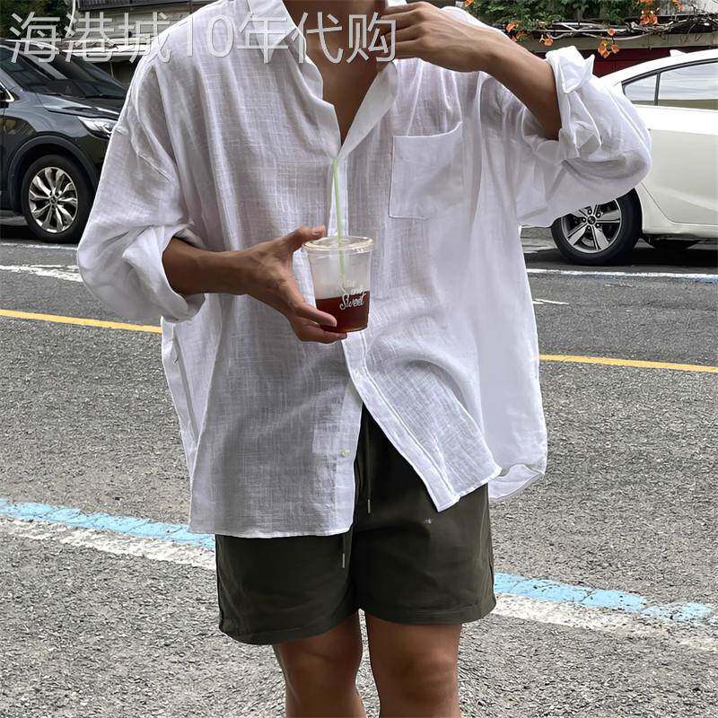 高端白色亚麻衬衫式防晒衣服男士2026年新款夏季薄款长袖衬衫男款