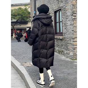 香港高级感黑色中长款连帽羽绒棉服女冬韩版宽松加厚茧型保暖外套