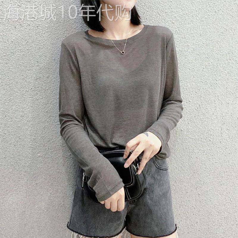 薄冰丝长袖女衬衫t恤夏季新纯色简单宽松修身看起来略透明圆领上