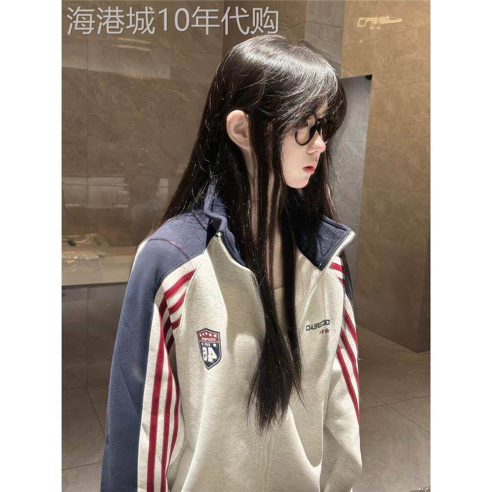 美式覆古撞色条纹徽章字母立领卫衣外套女春秋学院风开衫夹克上衣