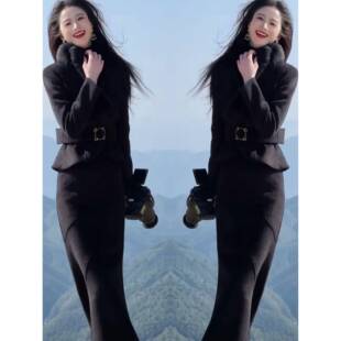 香港秋冬新款女毛呢显瘦收腰翻领外套半身裙两件套通勤风套装裙子