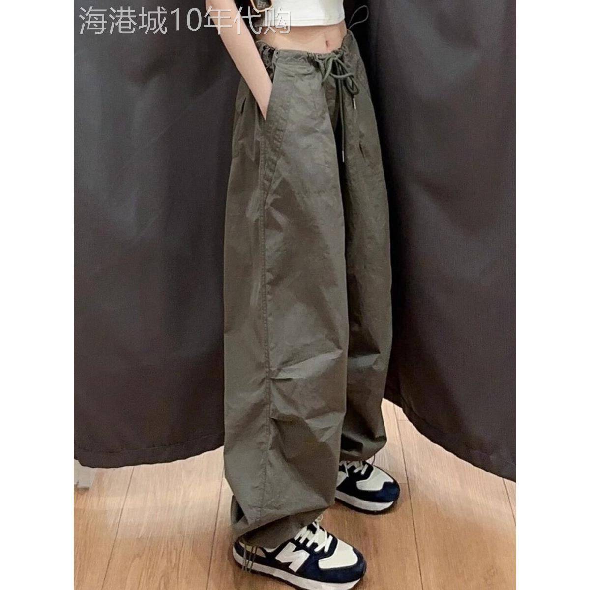 军绿色女式工作服夏季快干美国高街口袋宽松运动裤高腰修身阔腿裤