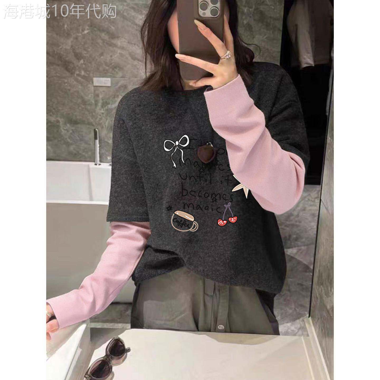 纯棉磨毛假两件灰色长袖t恤女2026流行款时尚减龄百搭上衣打底衫