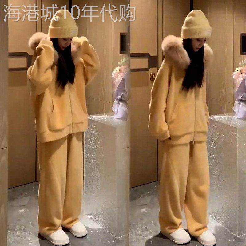 套装女秋冬2025新款高级感大毛领连帽卫衣外套阔腿裤子休闲两件套