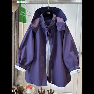 香港春季高级感紫色工装风休闲连帽冲锋衣风衣外套女宽松洋气上衣