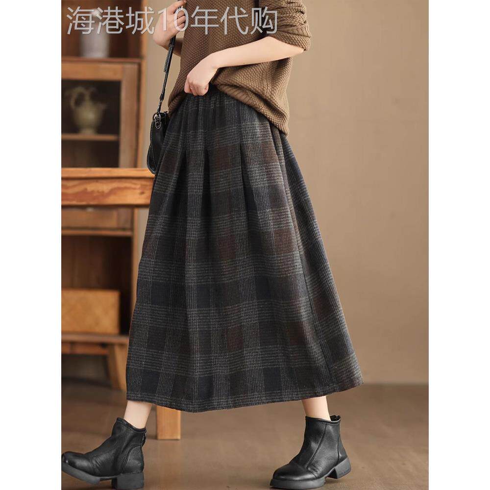羊毛格子半身裙女款冬季大码显瘦中长款裙子覆古垂感毛呢a字裙