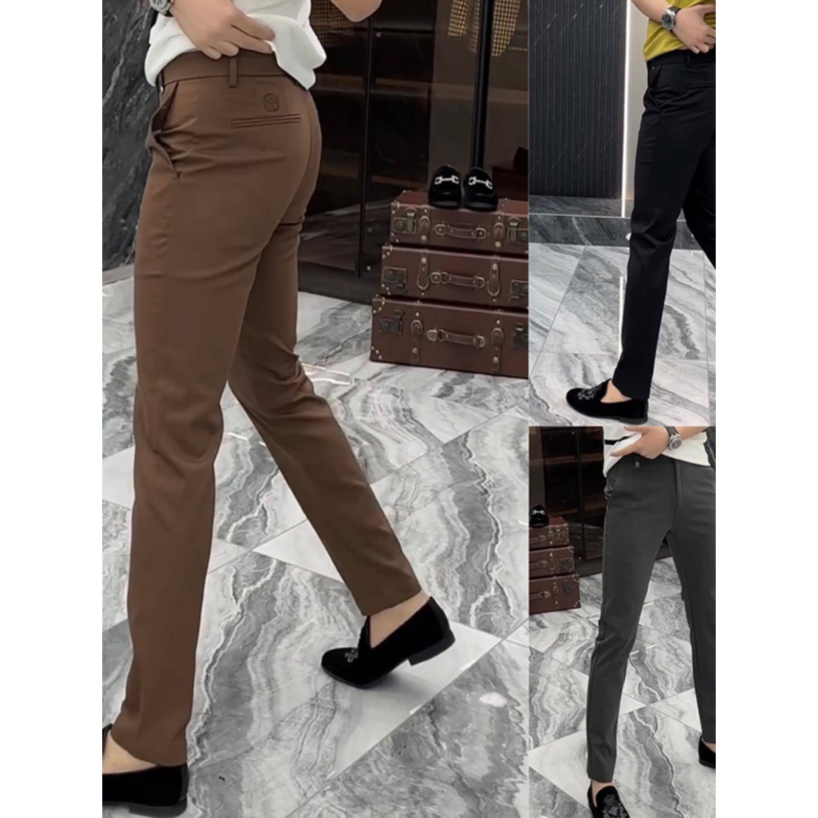 潮牌1212欧货修身休闲裤男士2024春季时尚小直筒裤百搭简约纯色潮