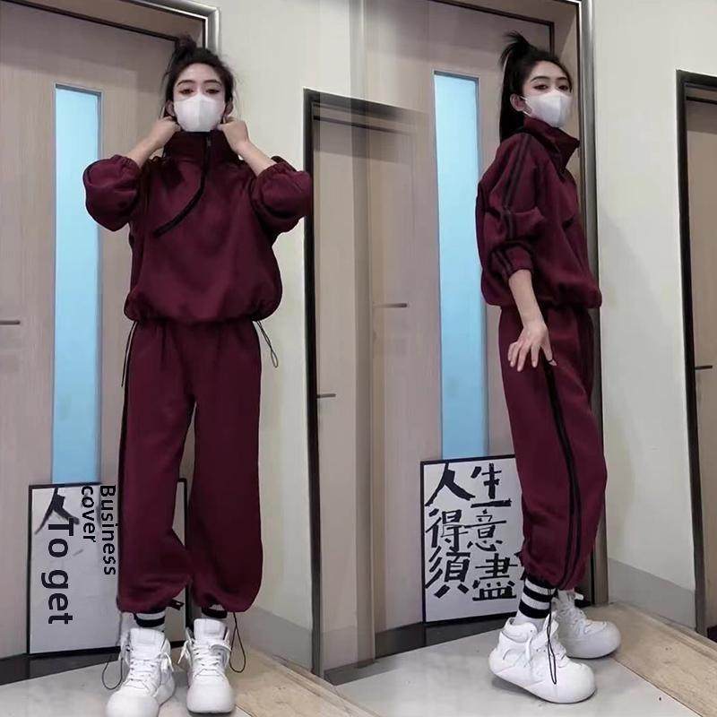 香港冬季流行款酒红色休闲运动服套装女加绒加厚卫衣束脚裤两件套