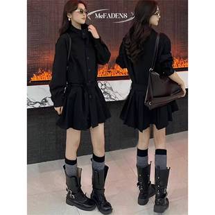 香港胖mm气质长袖高级感休闲风衣连衣裙小个子大码显瘦立领衬衫裙