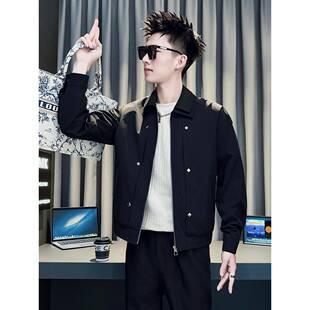 潮牌痞帅休闲翻领短款夹克男秋季新款韩版高级感时尚简约百搭外套
