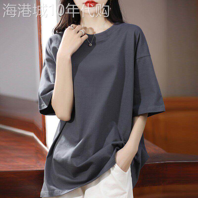 中长款短袖T恤女圆领休闲落肩体恤衫宽松半袖上衣2026夏季新款潮